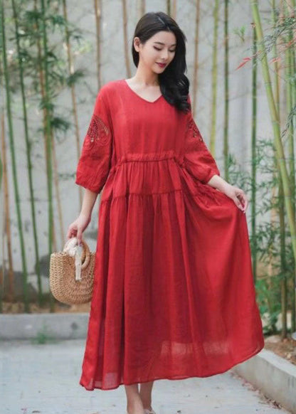 Red Patchwork Linen Dress Embroideried V Neck Wrinkled Summer LY2556 - fabuloryshop