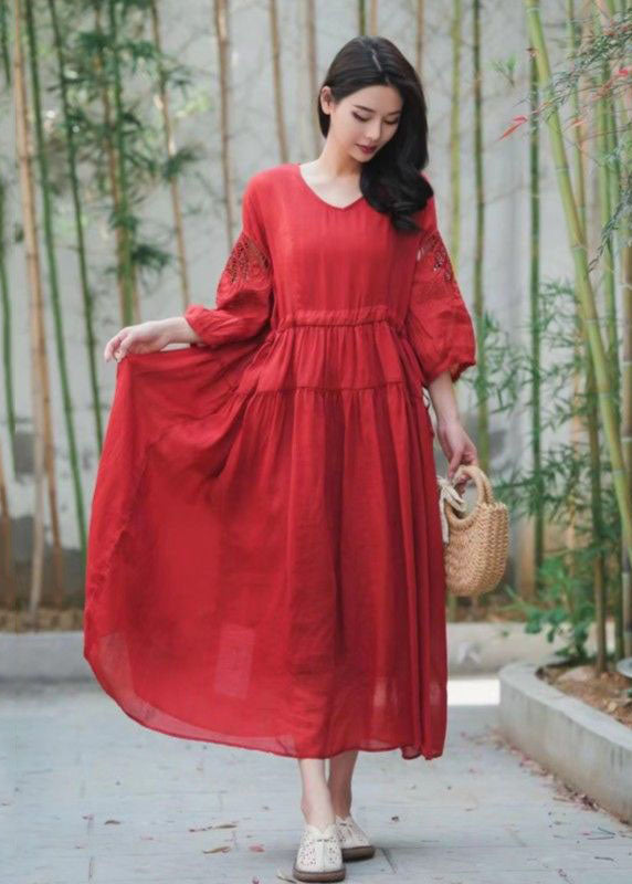 Red Patchwork Linen Dress Embroideried V Neck Wrinkled Summer LY2556 - fabuloryshop