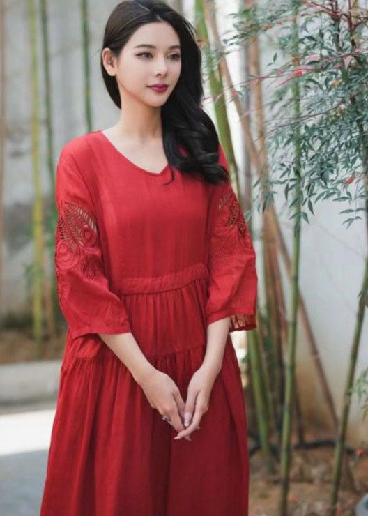 Red Patchwork Linen Dress Embroideried V Neck Wrinkled Summer LY2556 - fabuloryshop