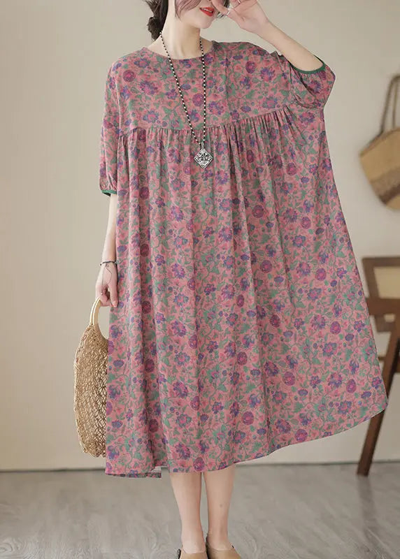 Red Patchwork Linen Maxi Dresses Oversized Print Summer Ada Fashion