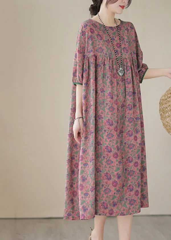 Red Patchwork Linen Maxi Dresses Oversized Print Summer Ada Fashion