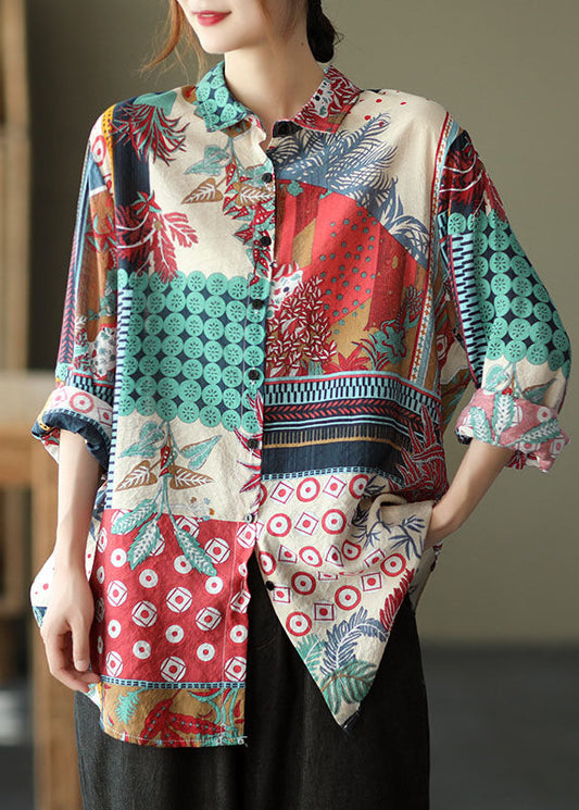 Red Patchwork Linen Shirts Peter Pan Collar Button Long Sleeve LY6204 - fabuloryshop