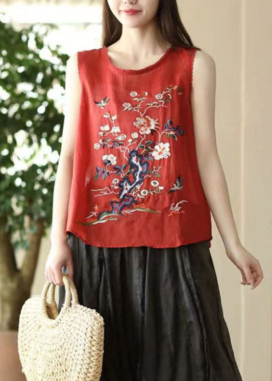 Red Patchwork Linen Tops Embroideried O Neck Sleeveless Ada Fashion