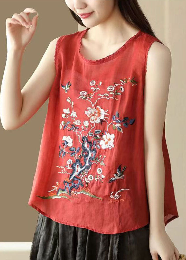 Red Patchwork Linen Tops Embroideried O Neck Sleeveless Ada Fashion