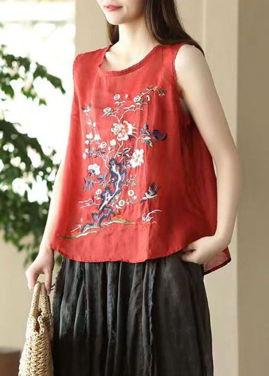 Red Patchwork Linen Tops Embroideried O Neck Sleeveless Ada Fashion