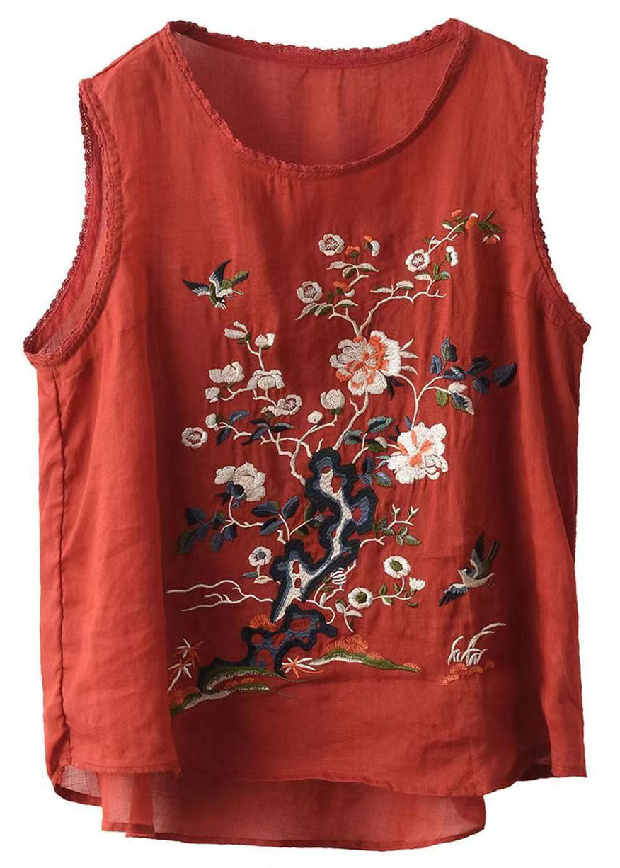 Red Patchwork Linen Tops Embroideried O Neck Sleeveless Ada Fashion