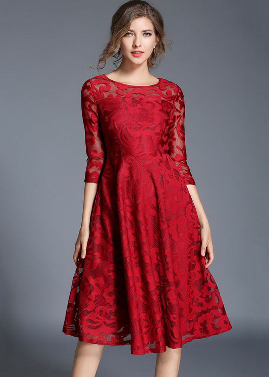 Red Patchwork Loose Lace Dresses O Neck Bracelet Sleeve LY7396 - fabuloryshop