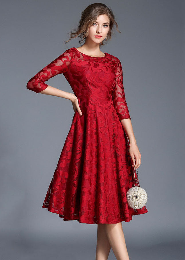 Red Patchwork Loose Lace Dresses O Neck Bracelet Sleeve LY7396 - fabuloryshop