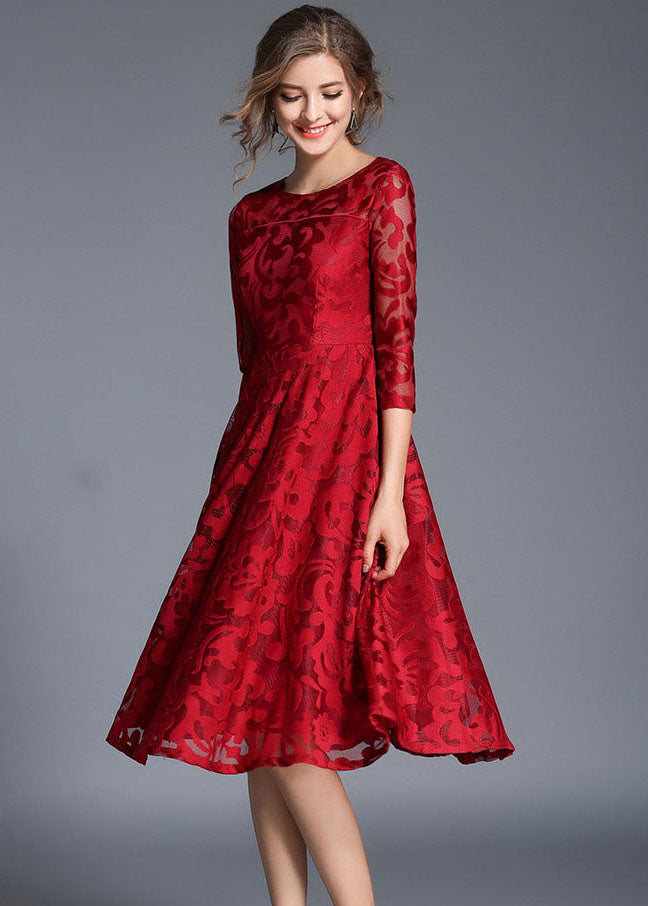 Red Patchwork Loose Lace Dresses O Neck Bracelet Sleeve LY7396 - fabuloryshop