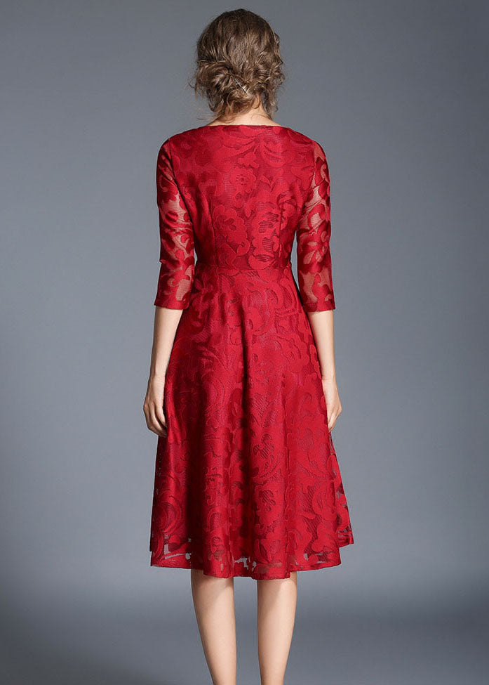 Red Patchwork Loose Lace Dresses O Neck Bracelet Sleeve LY7396 - fabuloryshop