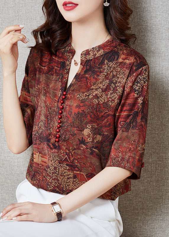 Red Patchwork Print Silk Top Button Stand Collar Summer LY0436 - fabuloryshop