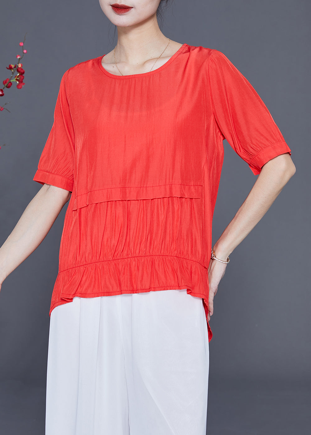 Red Patchwork Silk Shirt Top Wrinkled Button Short Sleeve LY2324 - fabuloryshop