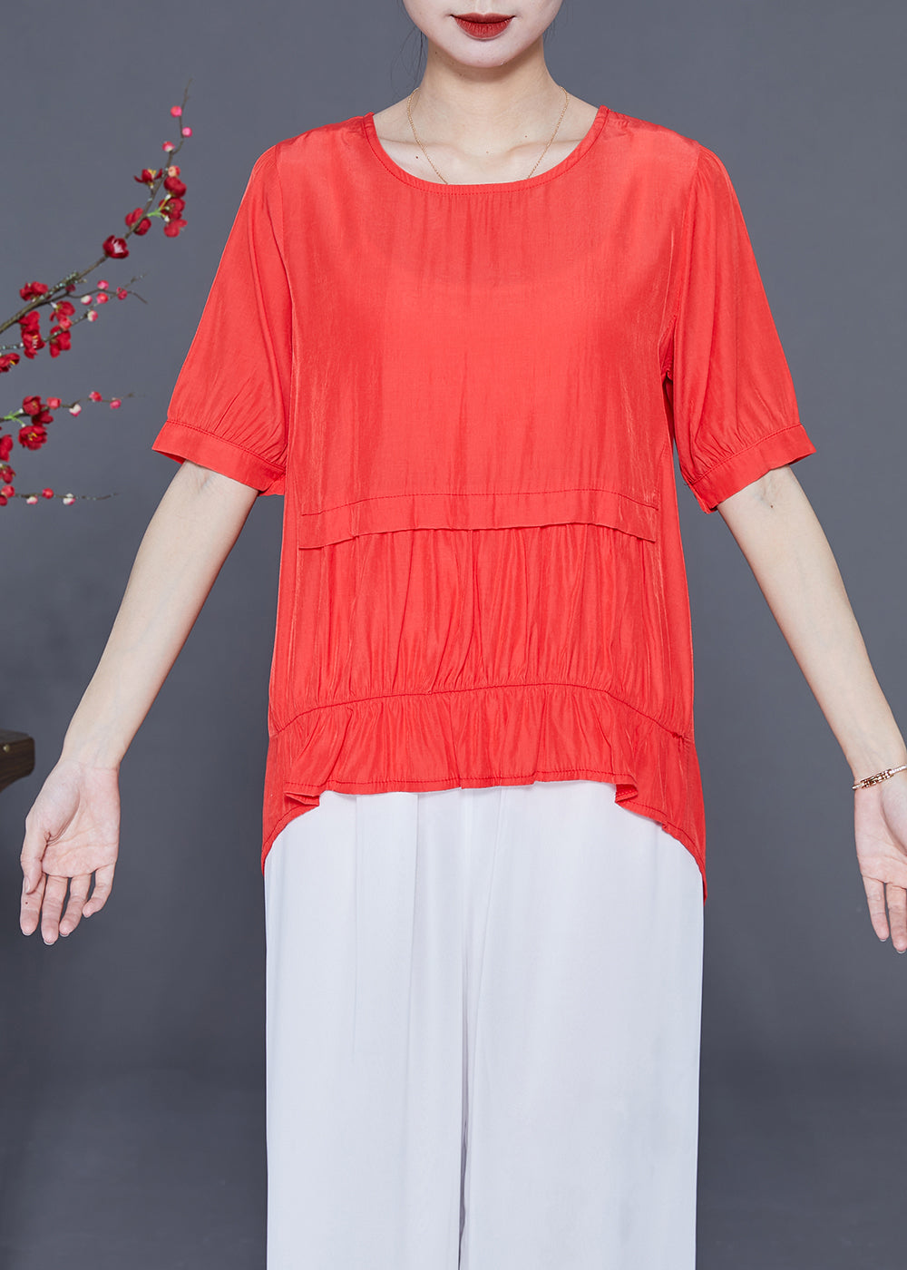 Red Patchwork Silk Shirt Top Wrinkled Button Short Sleeve LY2324 - fabuloryshop