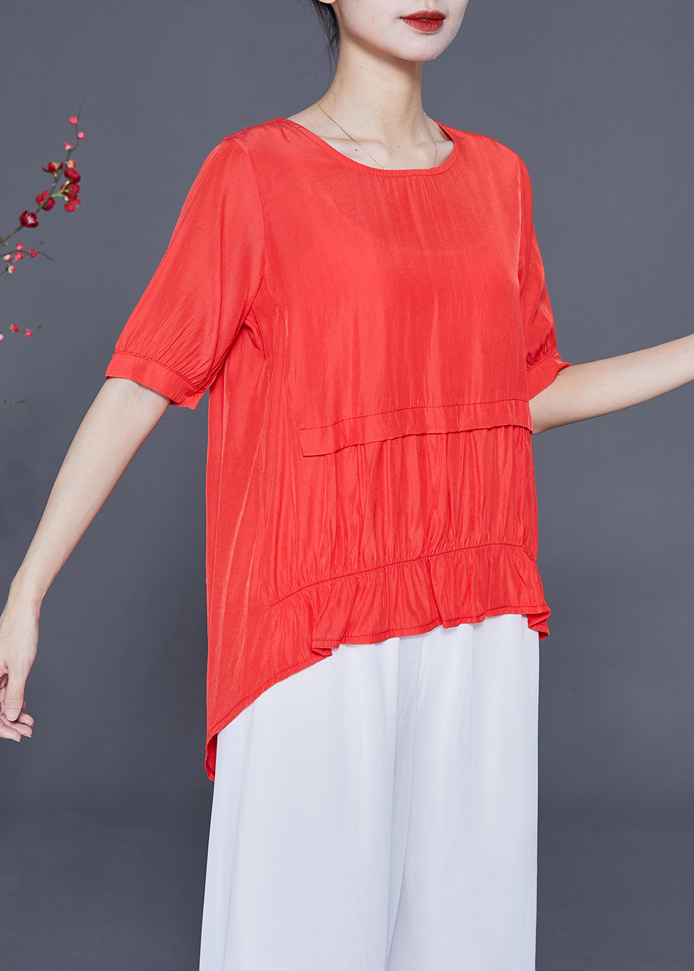 Red Patchwork Silk Shirt Top Wrinkled Button Short Sleeve LY2324 - fabuloryshop