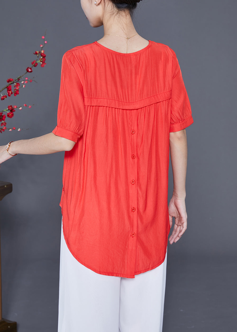 Red Patchwork Silk Shirt Top Wrinkled Button Short Sleeve LY2324 - fabuloryshop