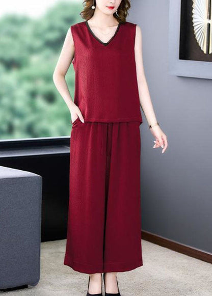 Red Patchwork Silk Tops And Pants Two Piece Set V Neck Sleeveless LY4591 - fabuloryshop