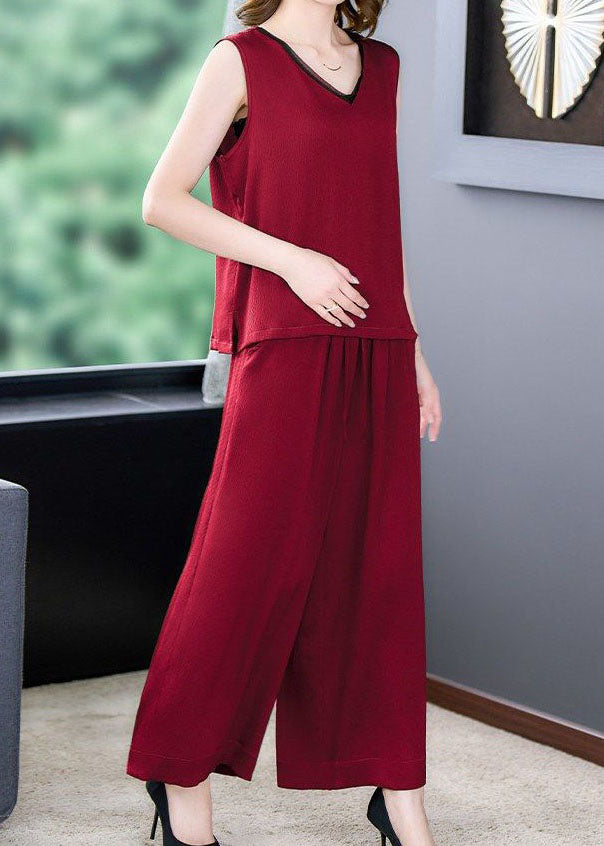 Red Patchwork Silk Tops And Pants Two Piece Set V Neck Sleeveless LY4591 - fabuloryshop