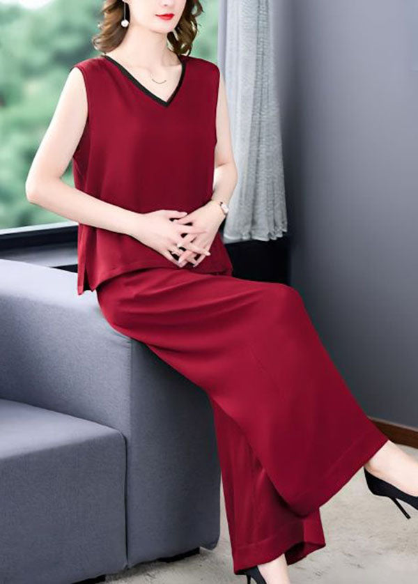 Red Patchwork Silk Tops And Pants Two Piece Set V Neck Sleeveless LY4591 - fabuloryshop