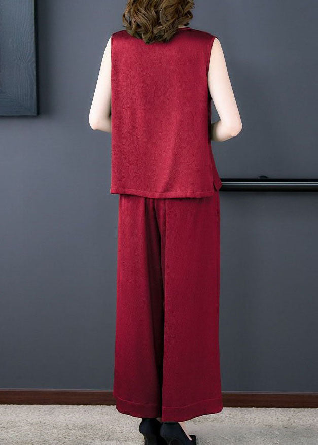 Red Patchwork Silk Tops And Pants Two Piece Set V Neck Sleeveless LY4591 - fabuloryshop