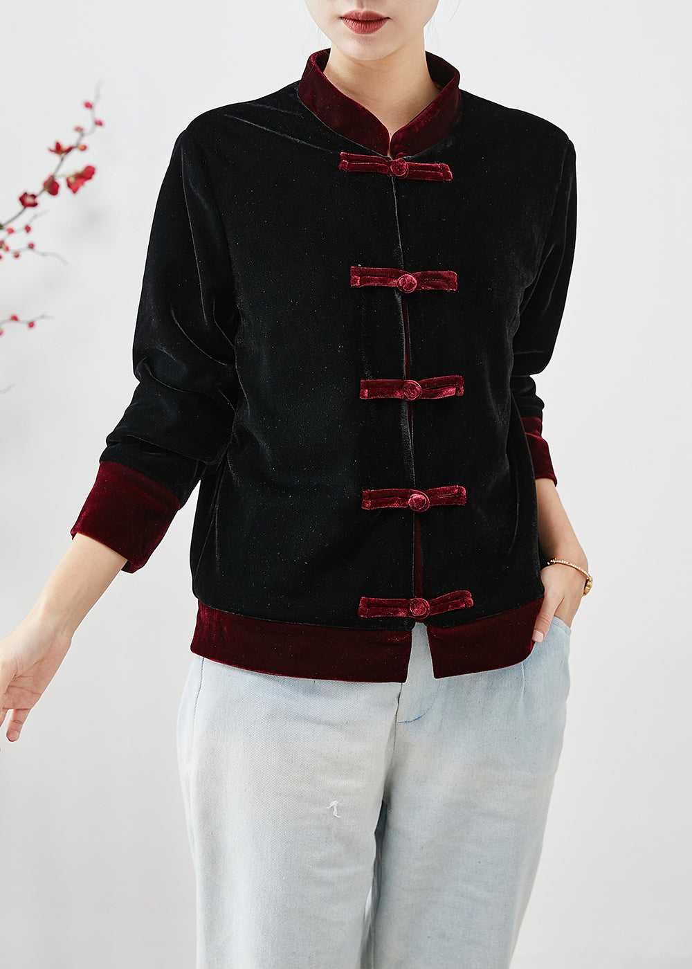 Red Patchwork Silk Velour Chinese Style Coats Mandarin Collar Fall Ada Fashion