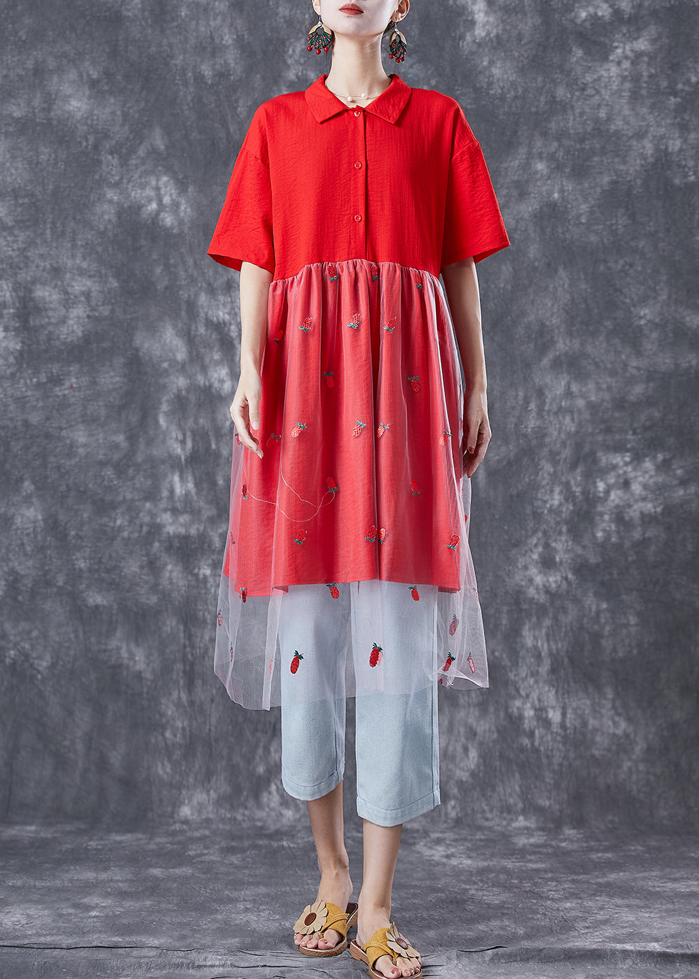 Red Patchwork Tulle Cotton Maxi Dresses Embroideried Summer LY6735 - fabuloryshop