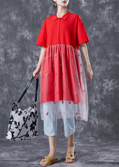 Red Patchwork Tulle Cotton Maxi Dresses Embroideried Summer LY6735 - fabuloryshop