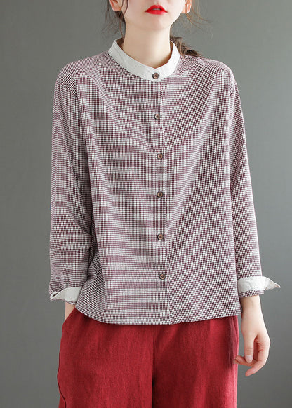 Red Plaid Patchwork Cotton Blouse Top Button Long Sleeve LY6231 - fabuloryshop