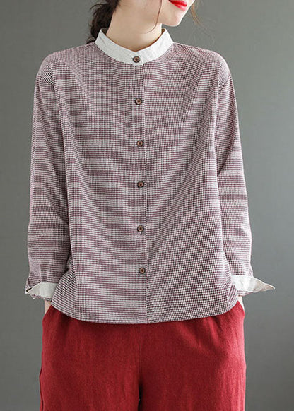 Red Plaid Patchwork Cotton Blouse Top Button Long Sleeve LY6231 - fabuloryshop