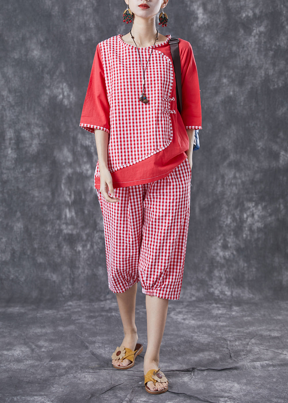 Red Plaid Patchwork Linen Two-Piece Set Chinese Button Summer LY4088 - fabuloryshop