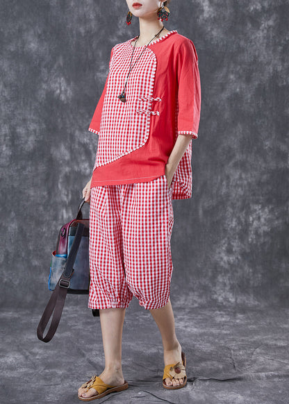 Red Plaid Patchwork Linen Two-Piece Set Chinese Button Summer LY4088 - fabuloryshop