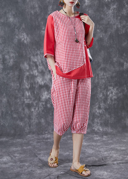 Red Plaid Patchwork Linen Two-Piece Set Chinese Button Summer LY4088 - fabuloryshop