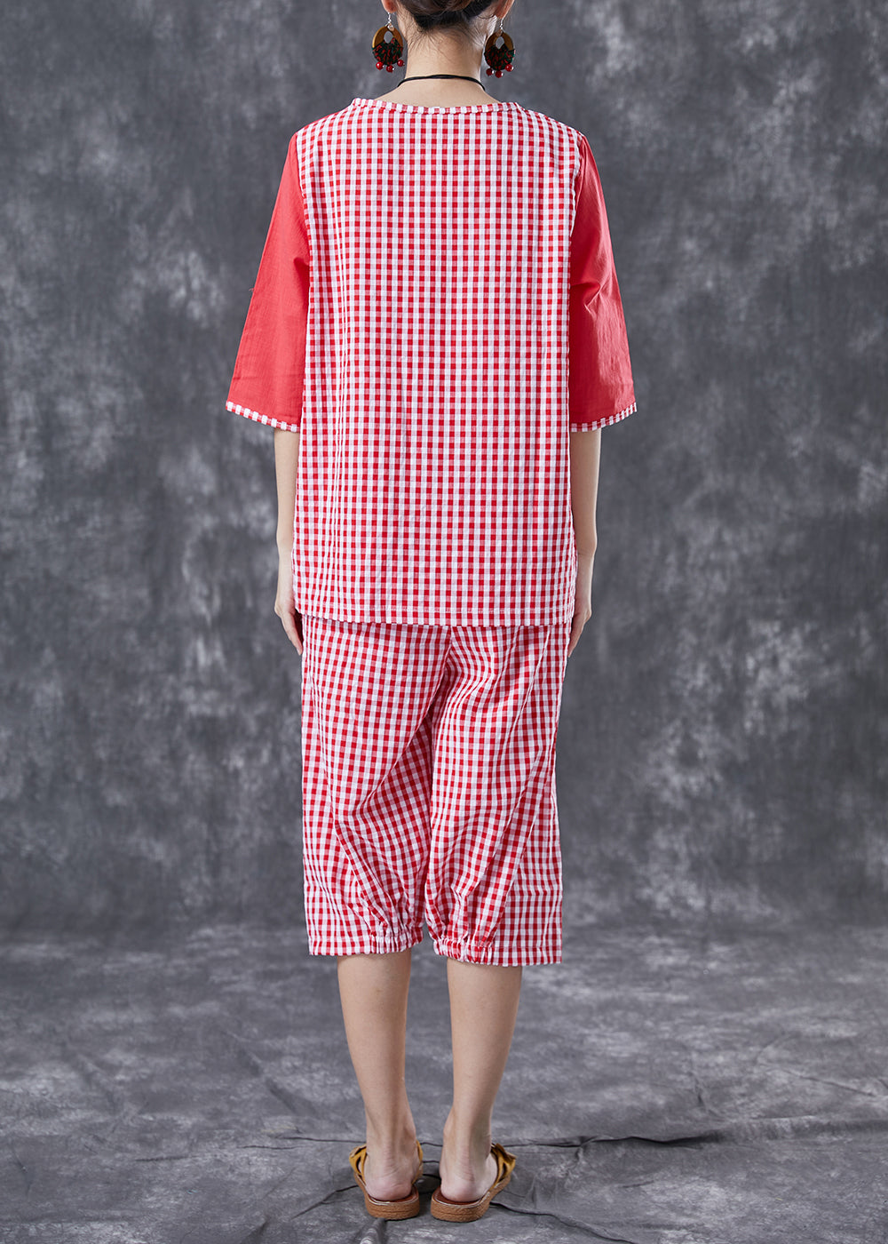 Red Plaid Patchwork Linen Two-Piece Set Chinese Button Summer LY4088 - fabuloryshop