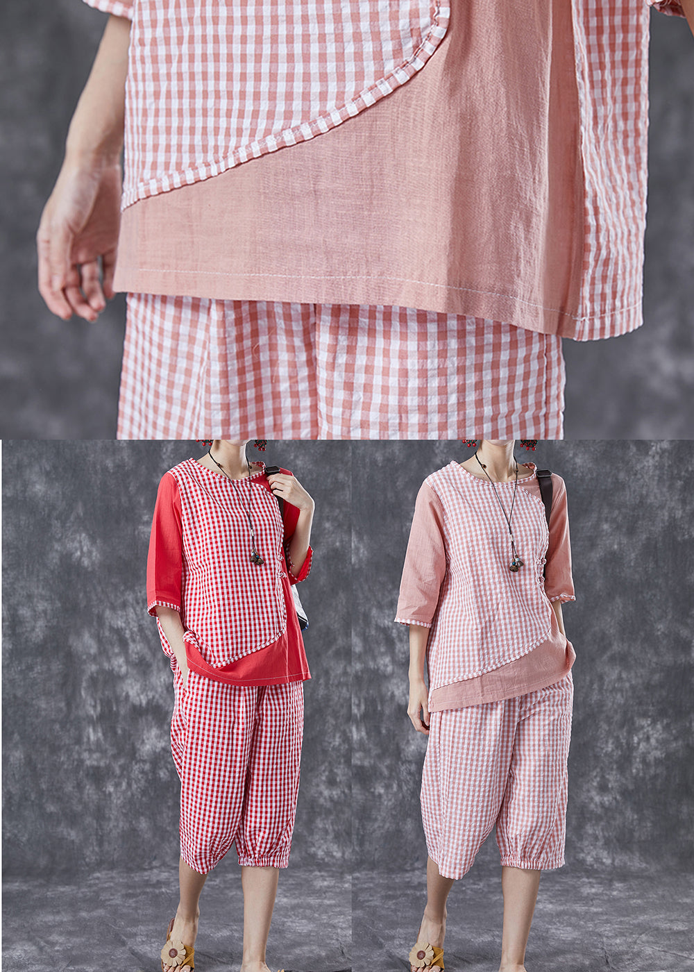 Red Plaid Patchwork Linen Two-Piece Set Chinese Button Summer LY4088 - fabuloryshop