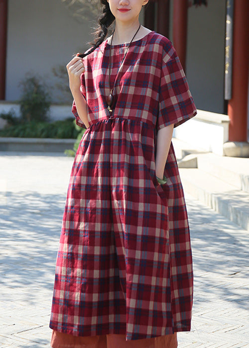 Red Plaid Wrinkled Patchwork Cotton Dresses O Neck Half Sleeve Ada Fashion