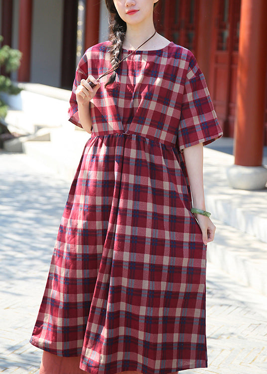 Red Plaid Wrinkled Patchwork Cotton Dresses O Neck Half Sleeve Ada Fashion