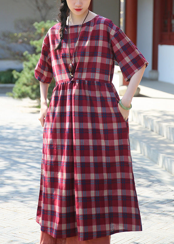 Red Plaid Wrinkled Patchwork Cotton Dresses O Neck Half Sleeve Ada Fashion