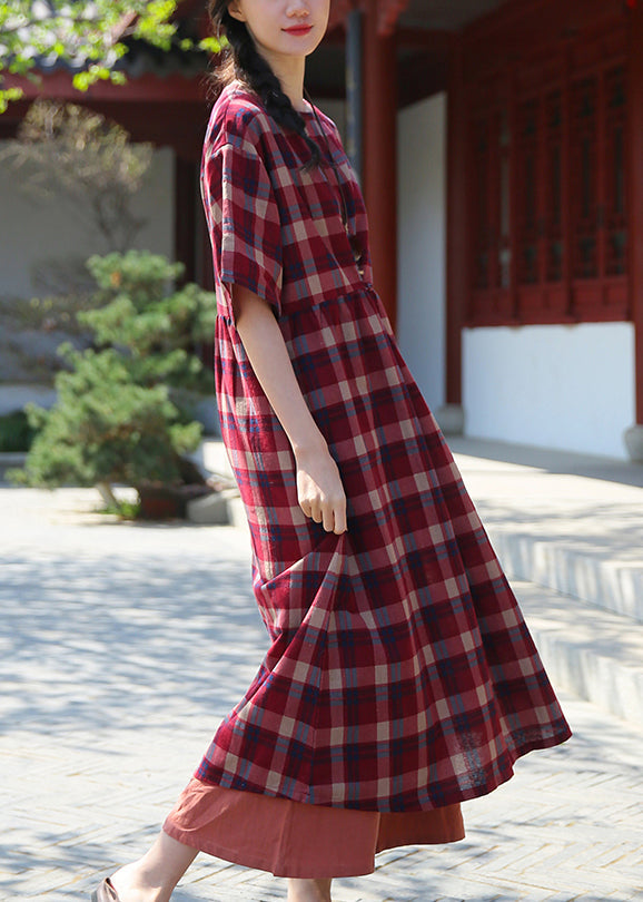 Red Plaid Wrinkled Patchwork Cotton Dresses O Neck Half Sleeve Ada Fashion