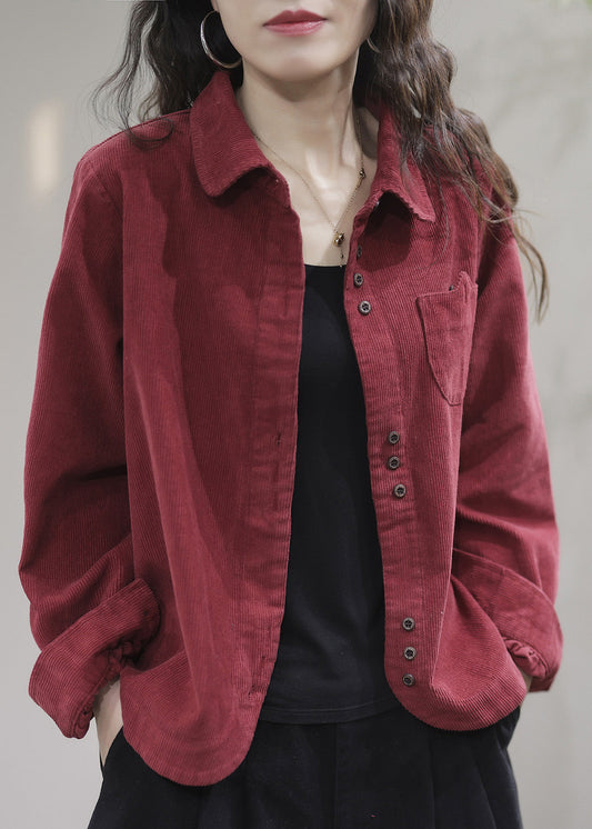 Red Pockets Button Solid Corduroy Coat Spring LY5013 - fabuloryshop