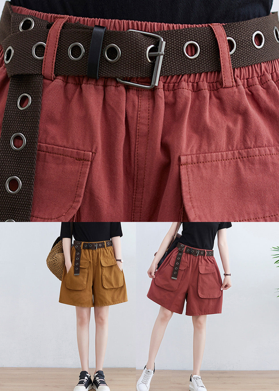 Red Pockets Elastic Waist Wide Leg Shorts LY6029 - fabuloryshop
