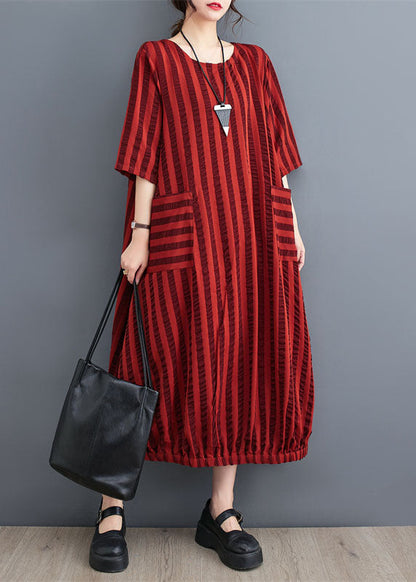 Red Pockets Patchwork Cotton Dresses O Neck Striped Summer LY5305 - fabuloryshop