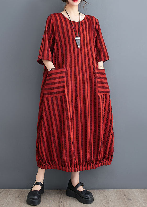 Red Pockets Patchwork Cotton Dresses O Neck Striped Summer LY5305 - fabuloryshop