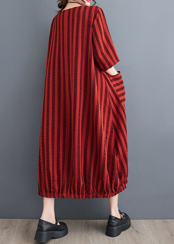 Red Pockets Patchwork Cotton Dresses O Neck Striped Summer LY5305 - fabuloryshop