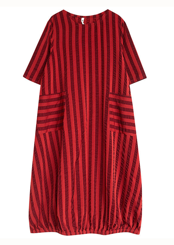 Red Pockets Patchwork Cotton Dresses O Neck Striped Summer LY5305 - fabuloryshop