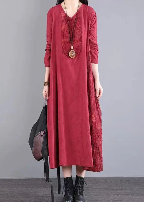 Red Pockets Patchwork Cotton Long Dress V Neck Lace Hollow Out Fall Ada Fashion