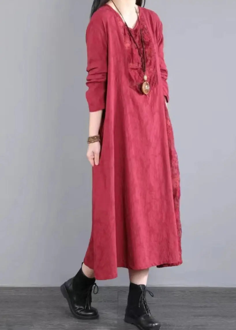 Red Pockets Patchwork Cotton Long Dress V Neck Lace Hollow Out Fall Ada Fashion