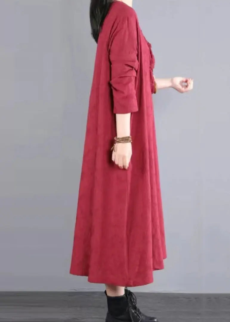 Red Pockets Patchwork Cotton Long Dress V Neck Lace Hollow Out Fall Ada Fashion