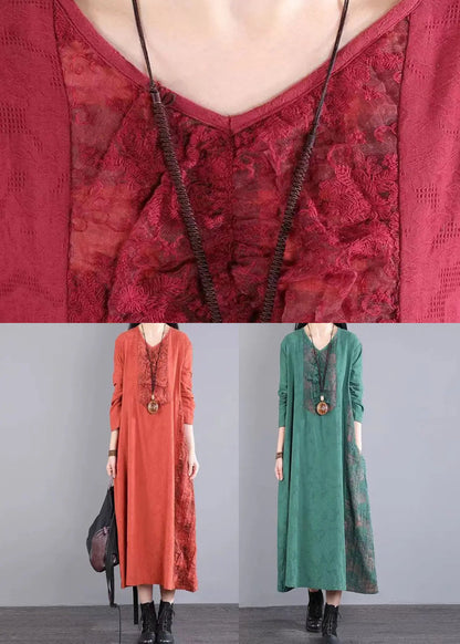 Red Pockets Patchwork Cotton Long Dress V Neck Lace Hollow Out Fall Ada Fashion