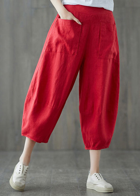 Red Pockets Patchwork Linen Crop Pants Elastic Waist Summer LY5688 - fabuloryshop