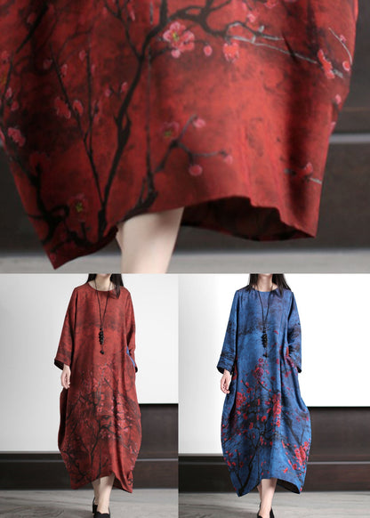 Red Pockets Print Patchwork Silk Long Dresses O Neck Summer LY5173 - fabuloryshop