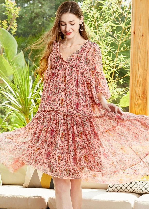 Red Print Chiffon A Line Dresses V Neck Lantern Sleeve LY0338 - fabuloryshop